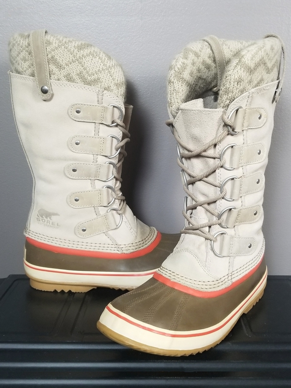 Sorel Women's 8.5 Joan Of Arctic Knit Tall Boots Fossil Taupe Beige Winter Snow